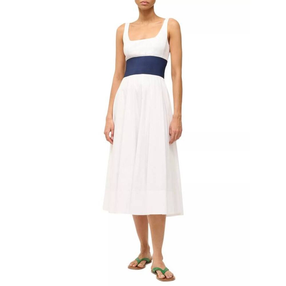 STAUD White Midi Dress with Navy Waistband